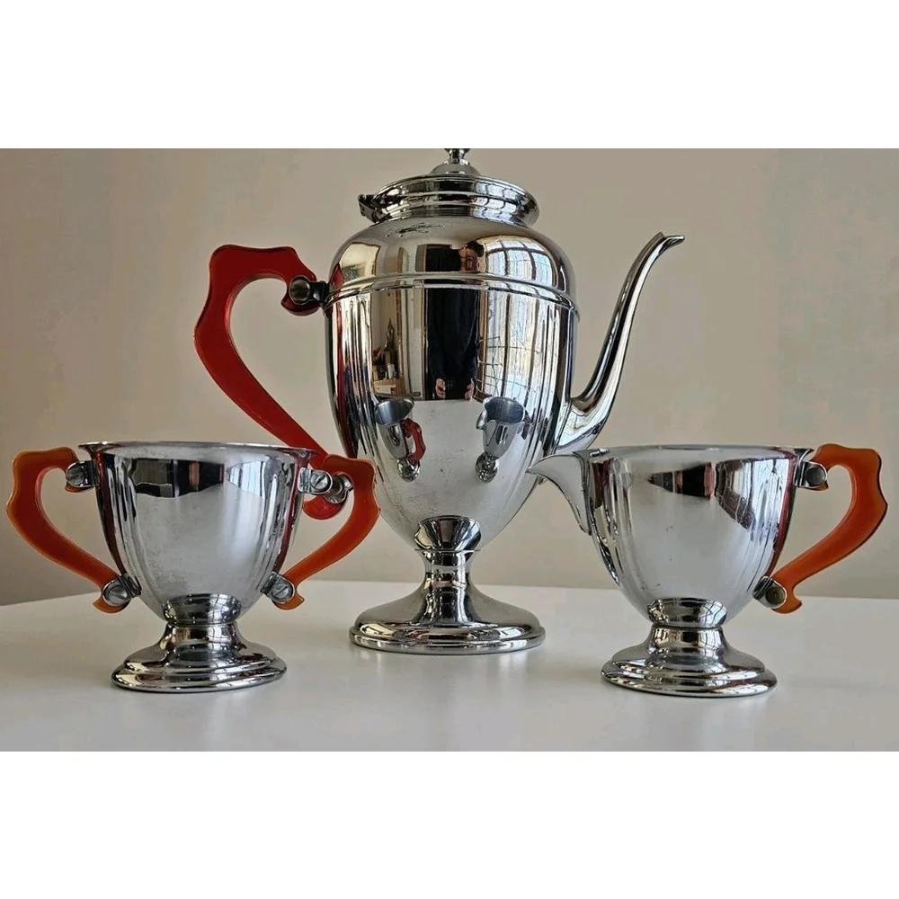 Art Deco Chrome Coffee / Tea Set Bakelite Handles Teapot Creamer Sugar Vintage - Picture 2 of 16